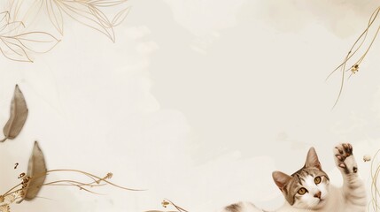 A cat with a white background featuring gold lines and leaves, website background, design template 