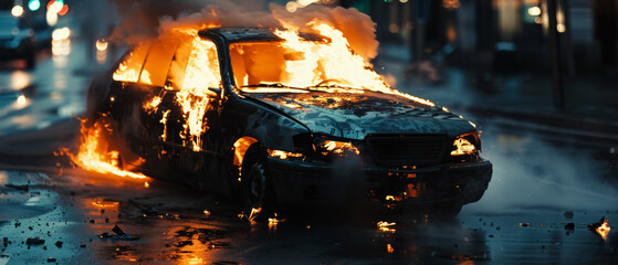 Illuminated fiery car blaze on urban street at night.