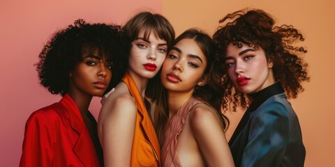 Obraz premium Group of fashionable women standing together in a studio. Diverse women looking at the camera while standing against a studio background.