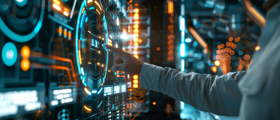 Fototapeta premium Person interacting with a futuristic interface, touching data center hologram.