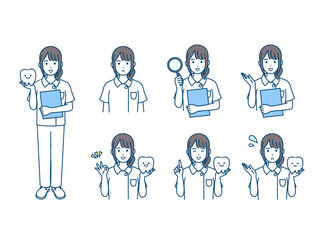 歯医者、歯科衛生士の女性のイラストセット