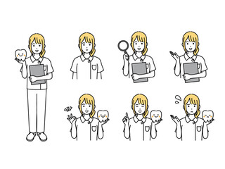 Obraz premium 歯医者、歯科衛生士の女性のイラストセット