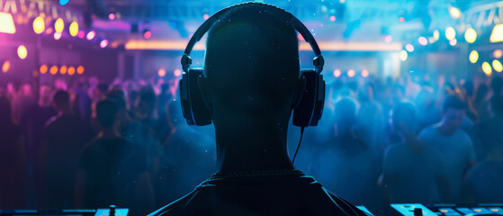 DJ in silhouette ignites the dance floor with vibrant lights and dynamic beats.