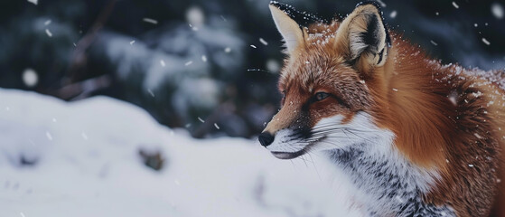 Obraz premium Majestic red fox in a snowy forest, alert and poised against a winter wonderland.