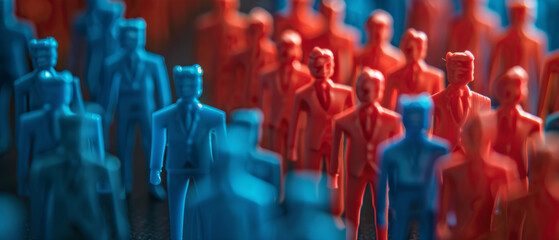 Obraz premium A sea of miniature blue and red figurines, symbolizing societal division or teamwork.