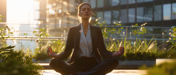 A serene businesswoman meditates amidst an urban oasis during a golden sunset.