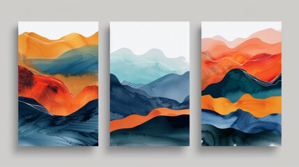 A set of three abstract art modern illustrations. Hand drawn modern illustrations for wall decor, decoration, wallpaper, posters, cards, murals, carpets, hangings, and prints.