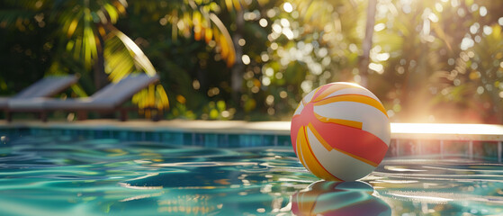 A vibrant volleyball gently floats on a tranquil pool's surface in the sun-dappled glow.