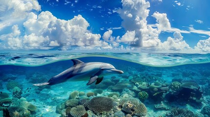 Fototapeta premium Above and below surface of the Caribbean sea with coral reef and dolphin underwater and a cloudy blue sky