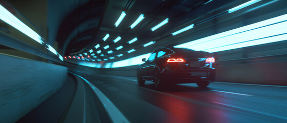 Red sports car zooming through a futuristic tunnel, motion blur.