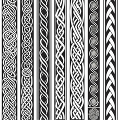 Celtic seamless borders, braided pattern, vector illustration, white background, monochrome design set