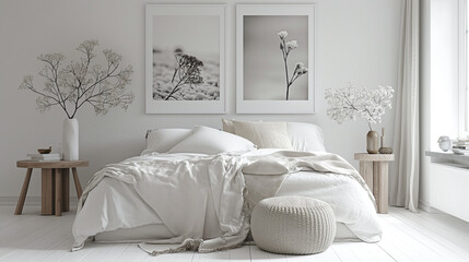 In the minimalist ambiance of a Scandinavian-style white bedroom, simple posters hang above the bed, while elegant flowers grace a sleek wooden stool and pouf, the clean and uncluttered space