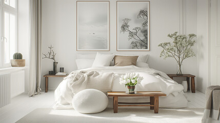 A Scandinavian-style white bedroom interior with minimalist posters above the bed, simple and elegant flowers arranged on a sleek wooden stool and pouf , clean and uncluttered space with neutral tones