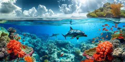 Above and below surface of the Caribbean sea with coral reef, fishes and dolphin underwater and a cloudy blue sky