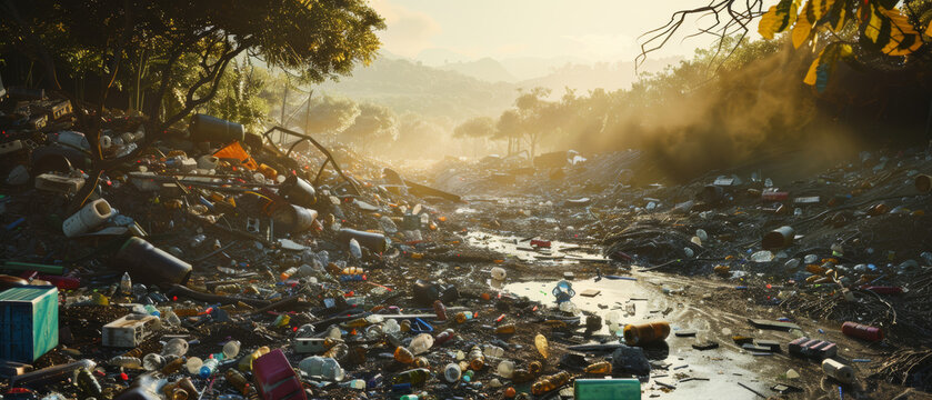 The fading light of dusk illuminates a haunting landscape of refuse and desolation.