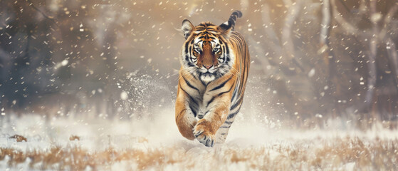 Fierce tiger sprinting in a winter wonderland, embodying wild freedom.