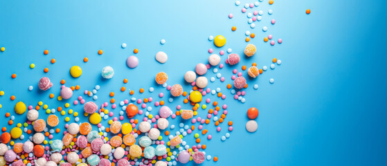 Candy explosion in pastel colors against a vibrant blue backdrop. - Powered by Adobe
