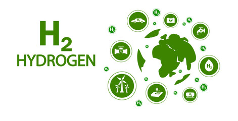 Green background concept about hydrogen or hydrogen H2 as fuel energy leads to renewable energy in the world. with white icon