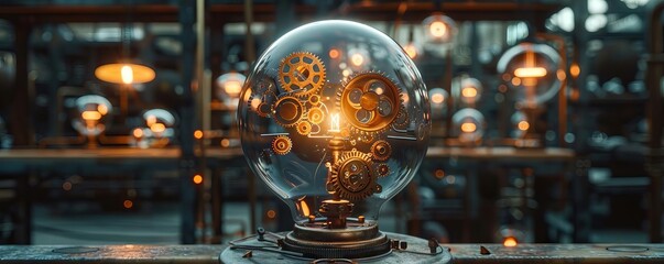 An abstract interpretation of cognitive gears turning inside a brainshaped light fixture