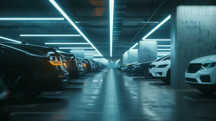 Neon lights cast a sci-fi ambiance in an underground parking lot filled with sleek vehicles.