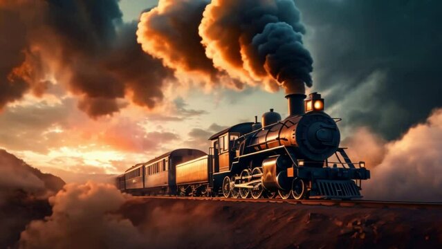 A vintage steam powered railway train in smoke. Steam locomotive with wagon drives in steam and smoke.