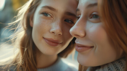 Close-up of two smiling young women sharing a tender moment in golden sunlight.