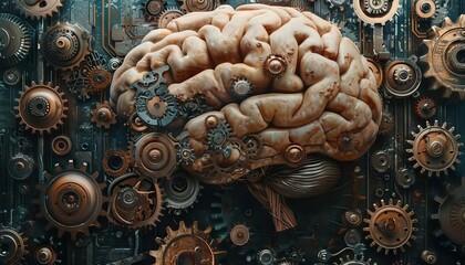 An abstract portrayal of a brain as a labyrinth of gears and light beams, representing complex problemsolving
