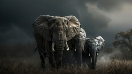 This powerful image showcases a close-knit family of African elephants in a dramatic, moody lighting - obrazy, fototapety, plakaty