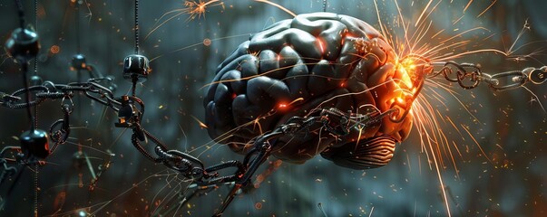An abstract portrayal of a brain held tightly by robotic arms and chains, sparks flying as its welded