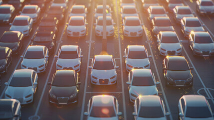 Naklejka premium Golden hour traffic jam, a sea of vehicles bathed in sunset's soft light.