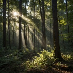 A tranquil forest scene with rays of sunlight filtering through the trees, calling for hope and...
