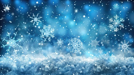 Obraz premium A blue sky with snowflakes falling on it. The snowflakes are scattered all over the sky, creating a peaceful and serene atmosphere