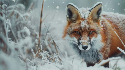 Fototapeta premium Alert red fox in snowy wilderness, gazing with piercing eyes.