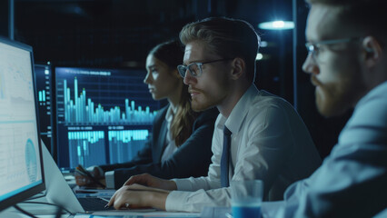 Focused team analyzes data graphs during a late-night office session.
