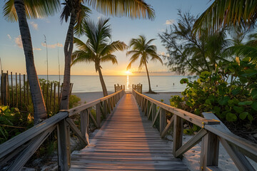 Fototapeta na wymiar Panorama view of footbridge to the Smithers beach at sunrise - Key West, Florida.