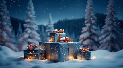 christmas presents in the snow covered pine forest and mountains, xmas gifts in the festive night