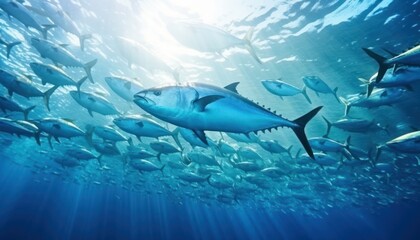 Groups of giant Tuna fish in the underwater, coral reef, amazing underwater life, various fish and exotic coral reefs, ocean wild creatures background