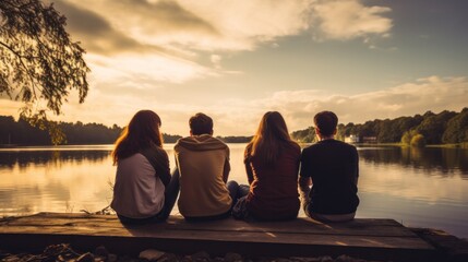 A group of young people sitting on the pier. In the great outdoors
