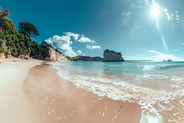 Panoramic picture of Cathedral Cove beach in summer without people during daytime