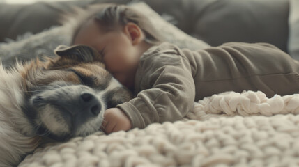 Tender moment shared between a sleeping toddler and a loyal dog in cozy embrace.