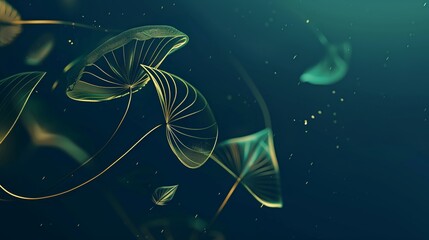 A green mushroom with a dark blue background featuring gold lines and leaves, website background, design template