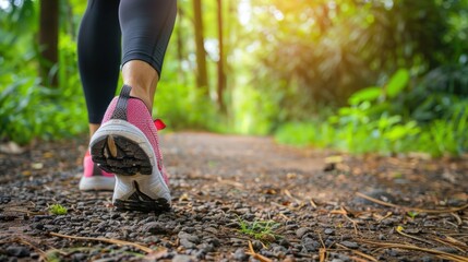 Close-up, of legs Woman Walking on trail Outdoor Jogging exercise.