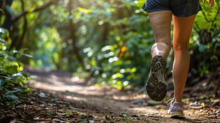 Close-up, of legs Woman Walking on trail Outdoor Jogging exercise.