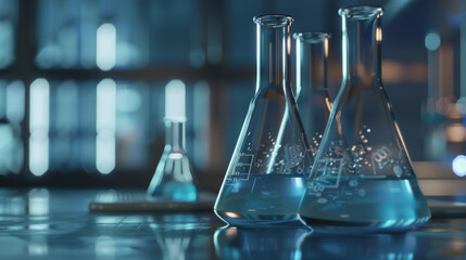 Flasks bathed in blue light on a laboratory bench, signifying innovation and science.