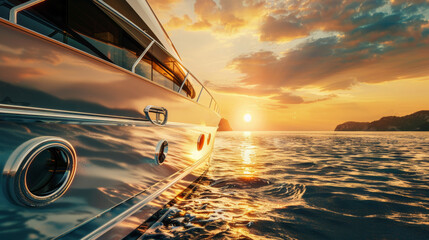 Luxurious yacht sailing on serene waters at golden sunset.