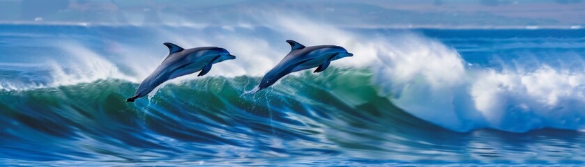 Dolphins Soaring Over Cresting Blue Waves.