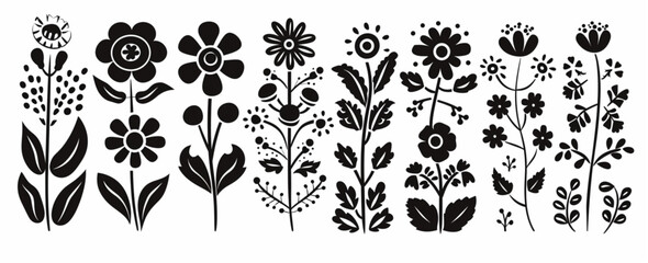 
Folk art floral design elements in black vector on white background, Polish folk ornament motifs, simple lines, no shading