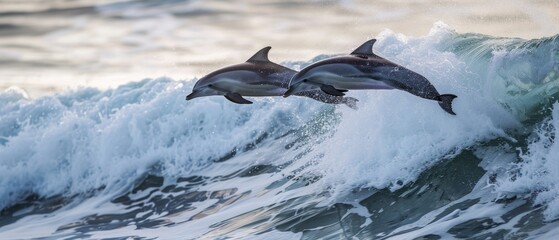 Dolphins Elegantly Leaping Through Cresting Waves. - obrazy, fototapety, plakaty