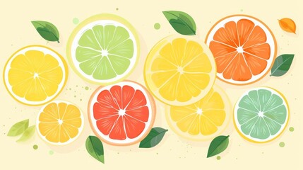 Obraz premium A variety of citrus fruits are arranged on a solid background. The fruits are sliced and arranged in a visually appealing way.