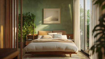 In the embrace of a cozy bedroom, a comfortable bed rests against a verdant green wall, accented by warm wooden furnishings and earthy hues, soft textiles inviting rest and serenity